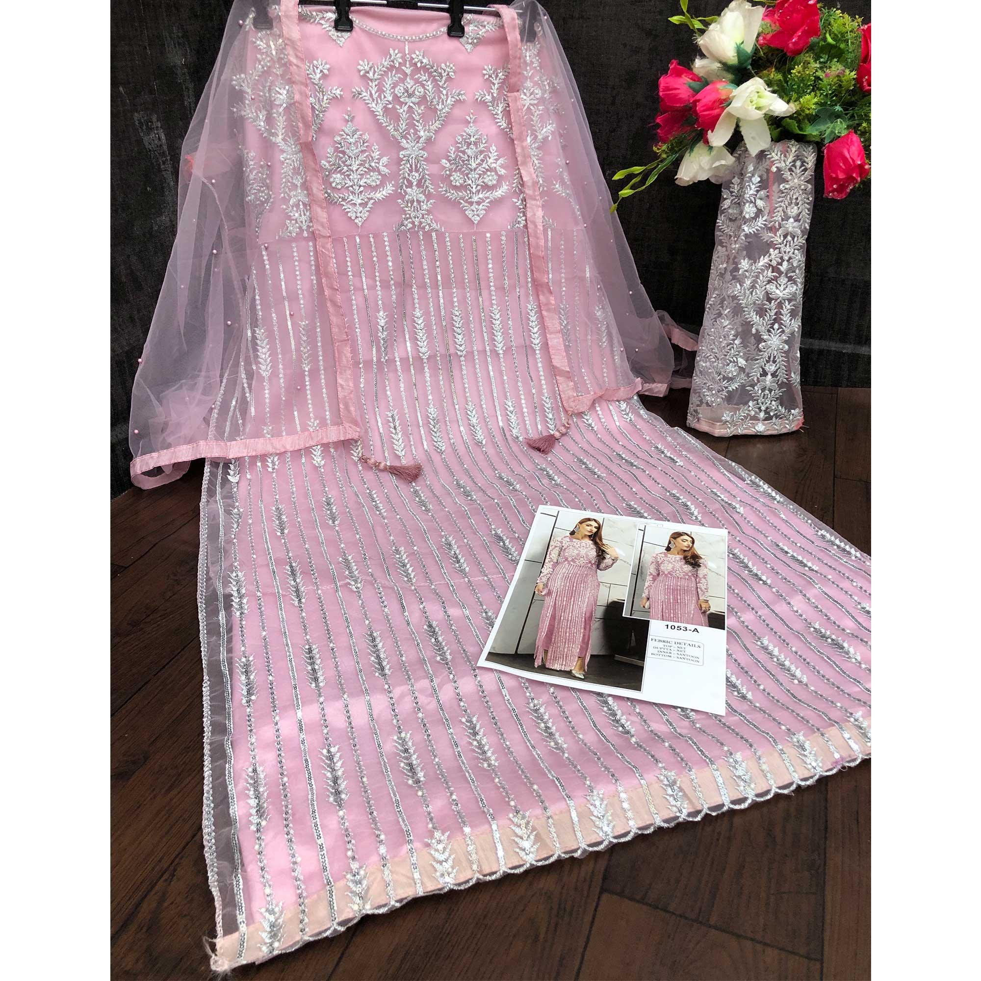 Pink Sequence With Floral Embroidered Net Pakistani Suit - Peachmode