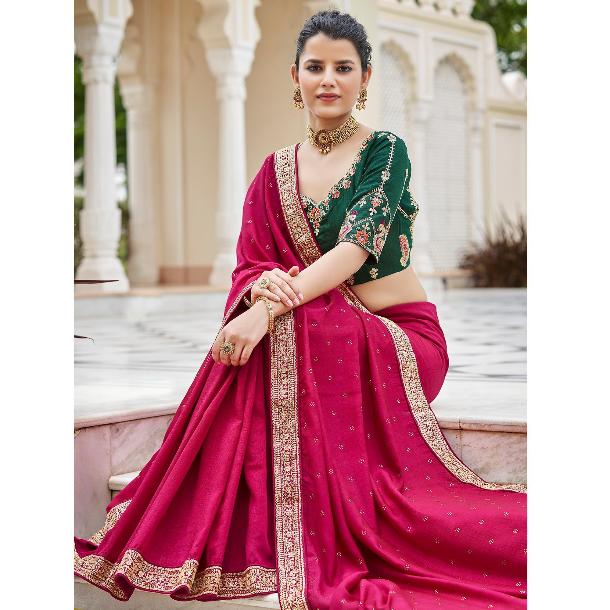 Pink Sequence With swarovski Work Vichitra Silk Saree - Peachmode