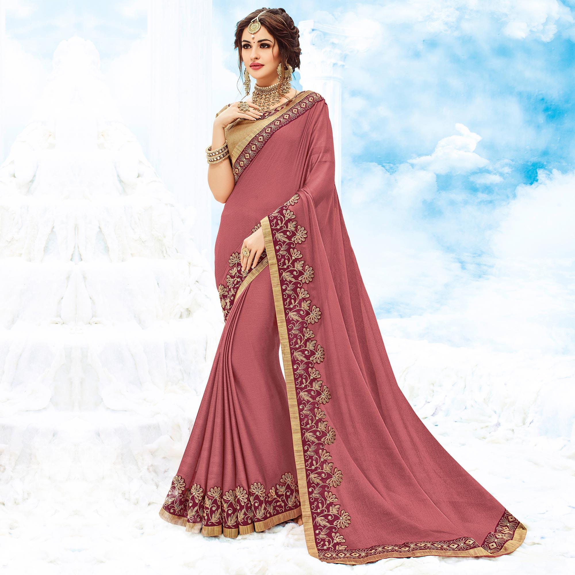 Pink Solid Chiffon Saree - Peachmode