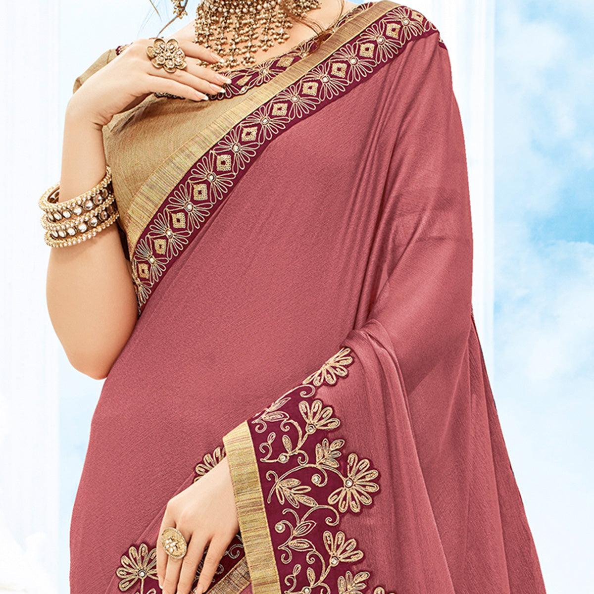 Pink Solid Chiffon Saree - Peachmode