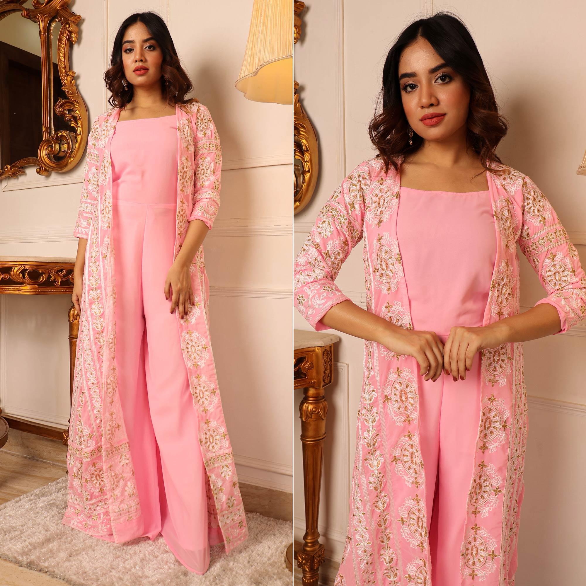 Pink Solid Georgette Jumpsuit With Embroidered Jacket - Peachmode