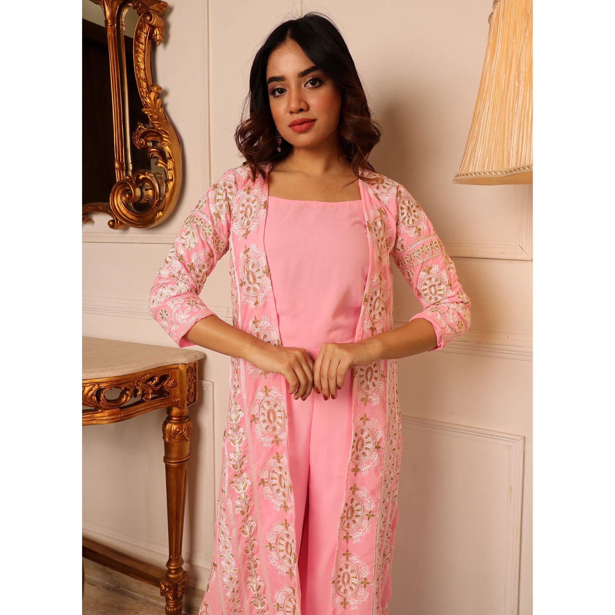 Pink Solid Georgette Jumpsuit With Embroidered Jacket - Peachmode