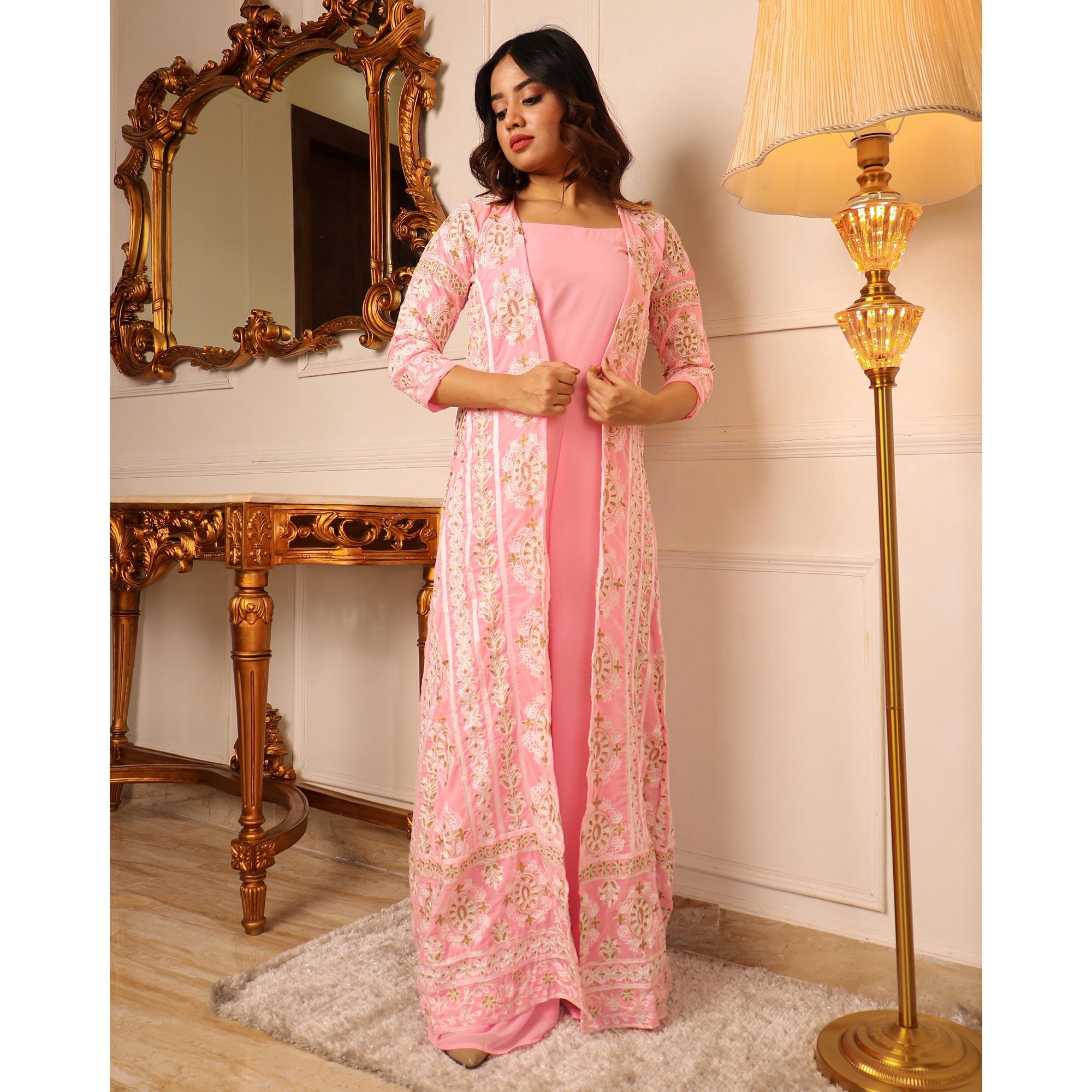 Pink Solid Georgette Jumpsuit With Embroidered Jacket - Peachmode