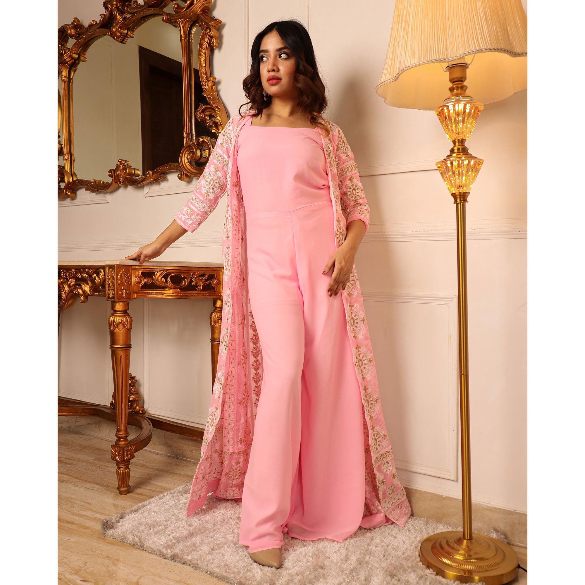 Pink Solid Georgette Jumpsuit With Embroidered Jacket - Peachmode