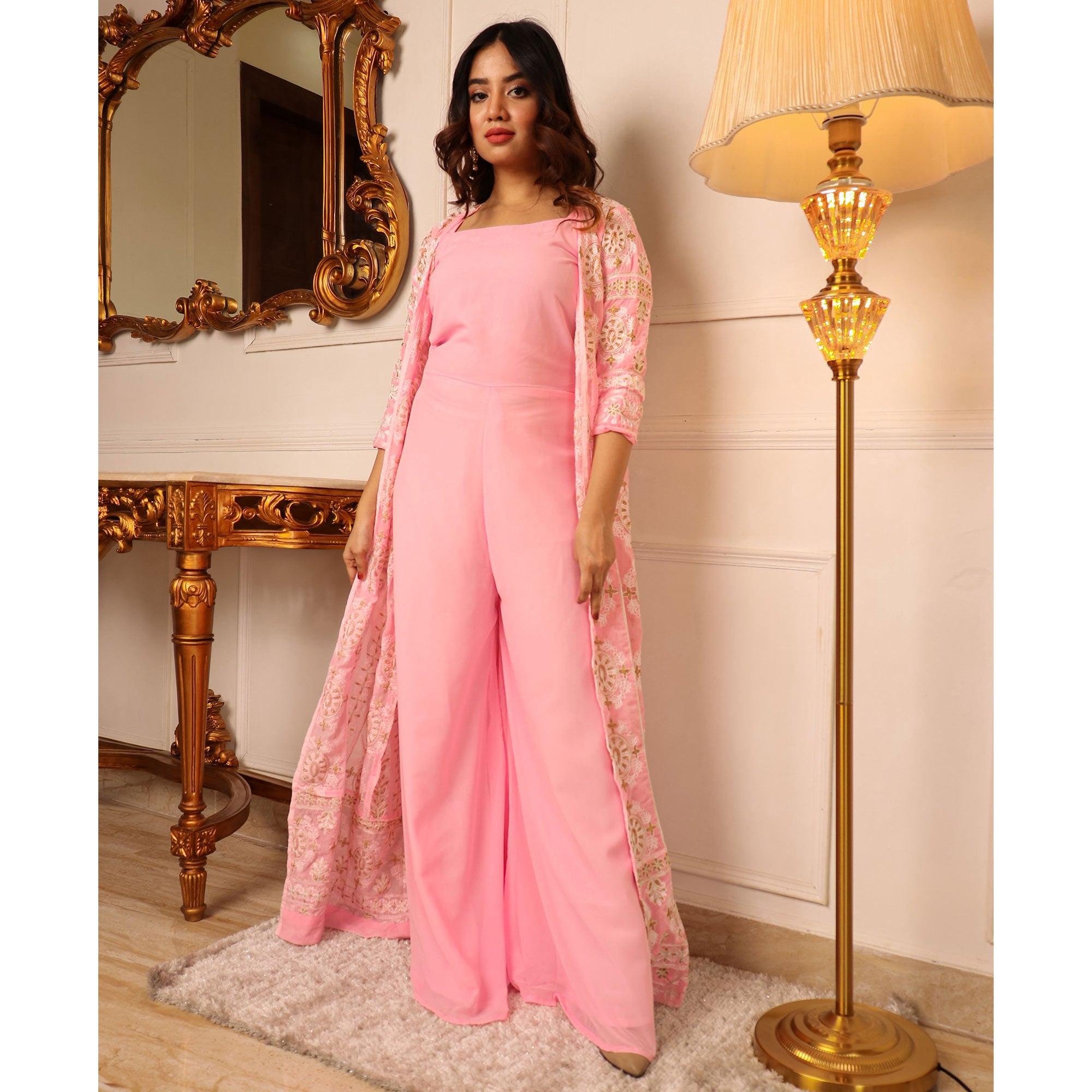 Pink Solid Georgette Jumpsuit With Embroidered Jacket - Peachmode