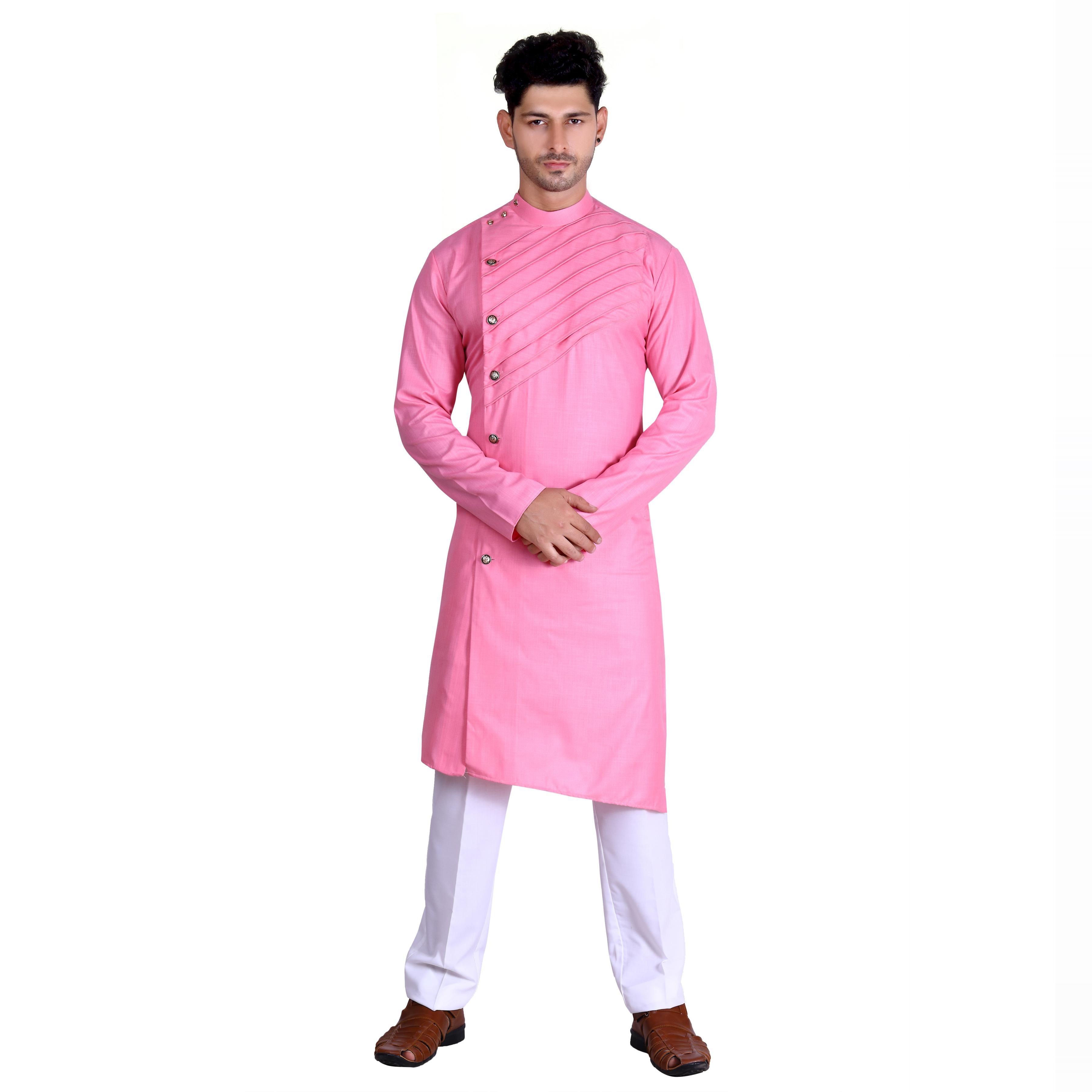 Pink Solid Poly Cotton Men's Kurta Pyjama Set - Peachmode