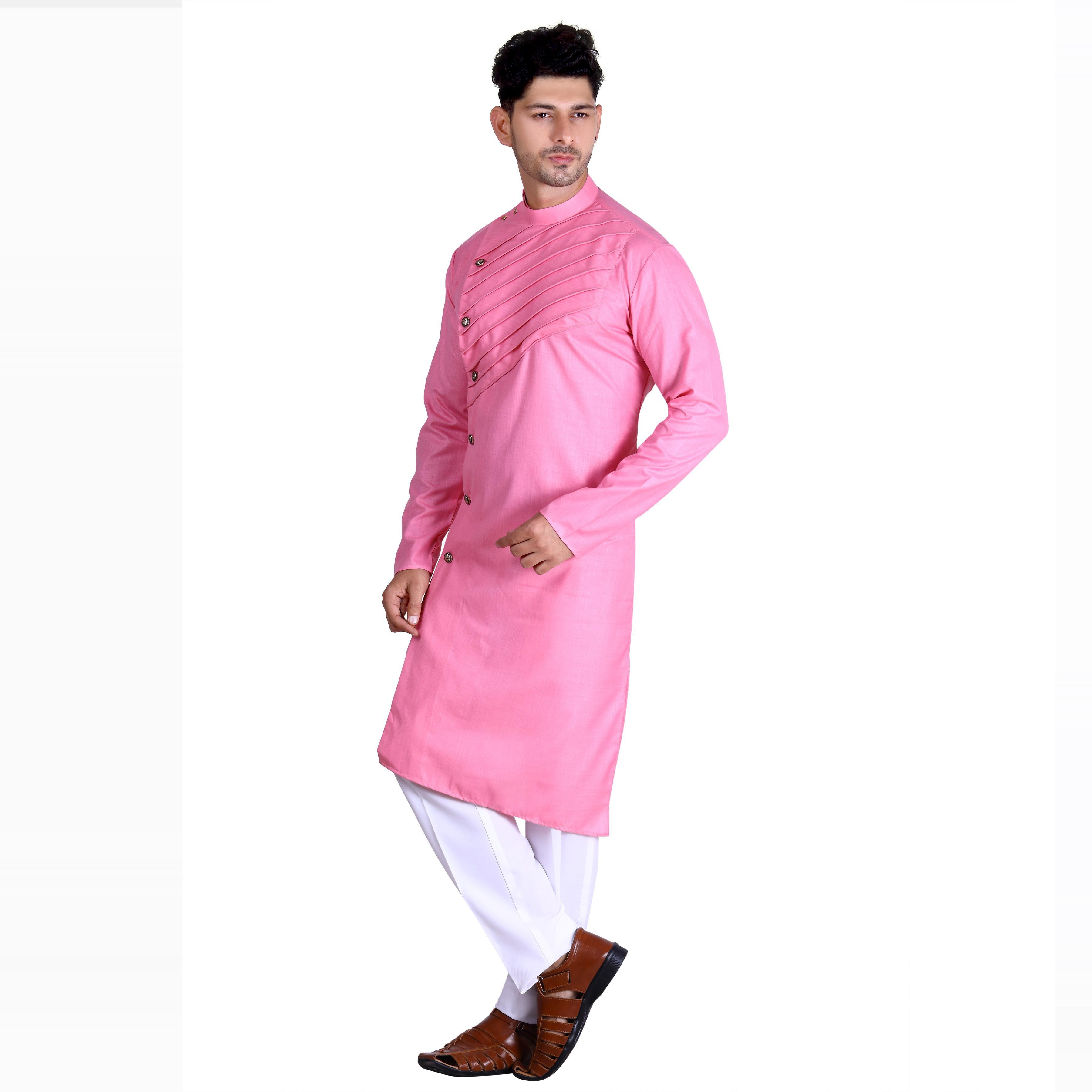 Pink Solid Poly Cotton Men's Kurta Pyjama Set - Peachmode