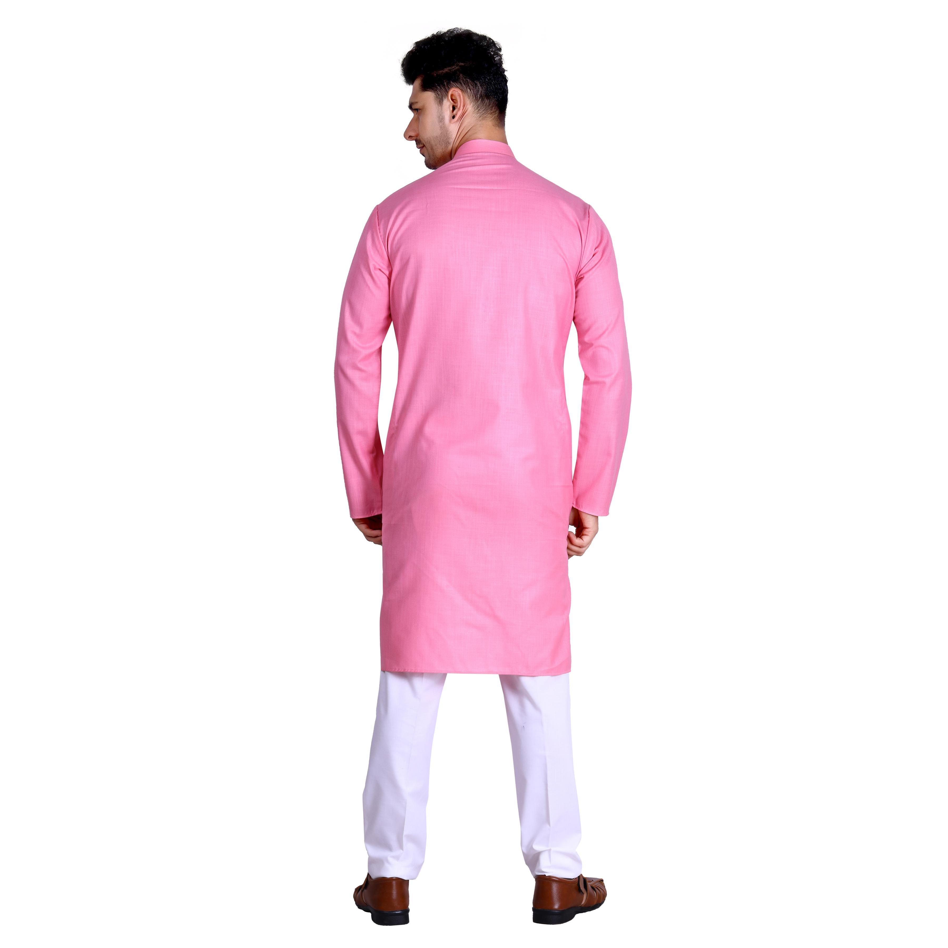 Pink Solid Poly Cotton Men's Kurta Pyjama Set - Peachmode