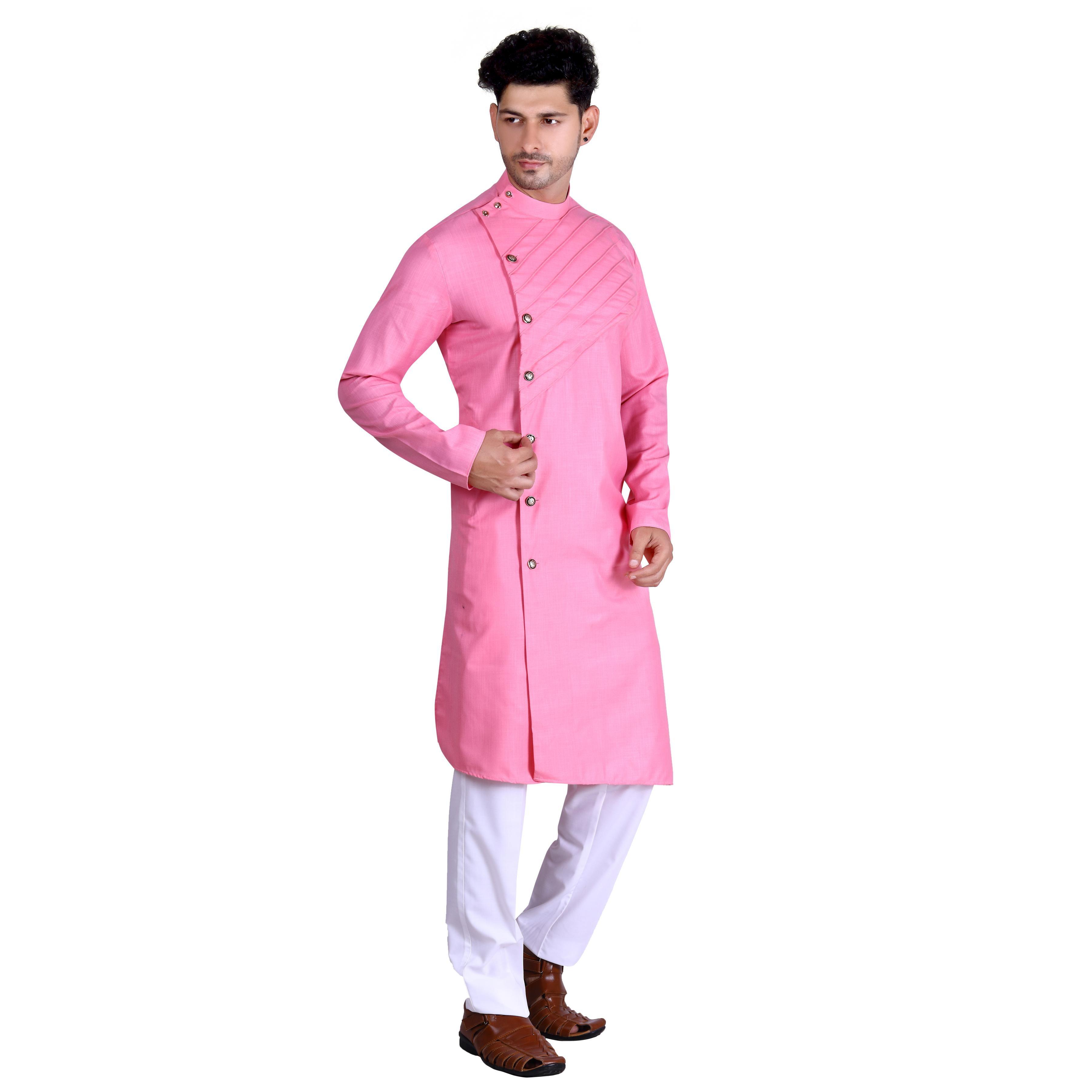 Pink Solid Poly Cotton Men's Kurta Pyjama Set - Peachmode