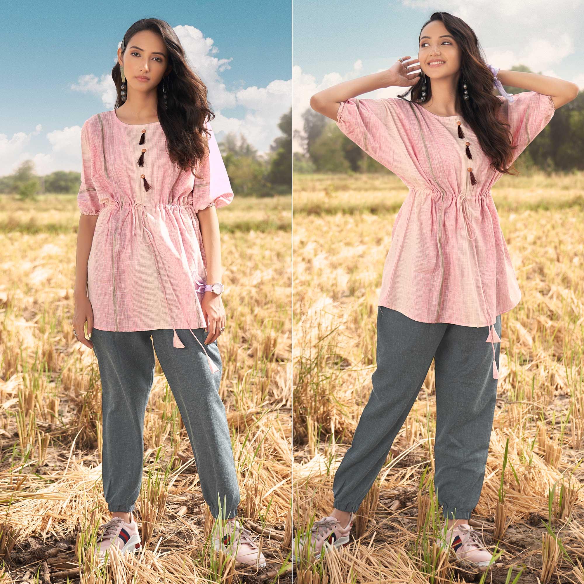 Pink Solid Poly Cotton Top Bottom Set - Peachmode