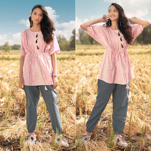 Pink Solid Poly Cotton Top Bottom Set - Peachmode