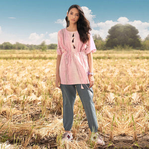 Pink Solid Poly Cotton Top Bottom Set - Peachmode