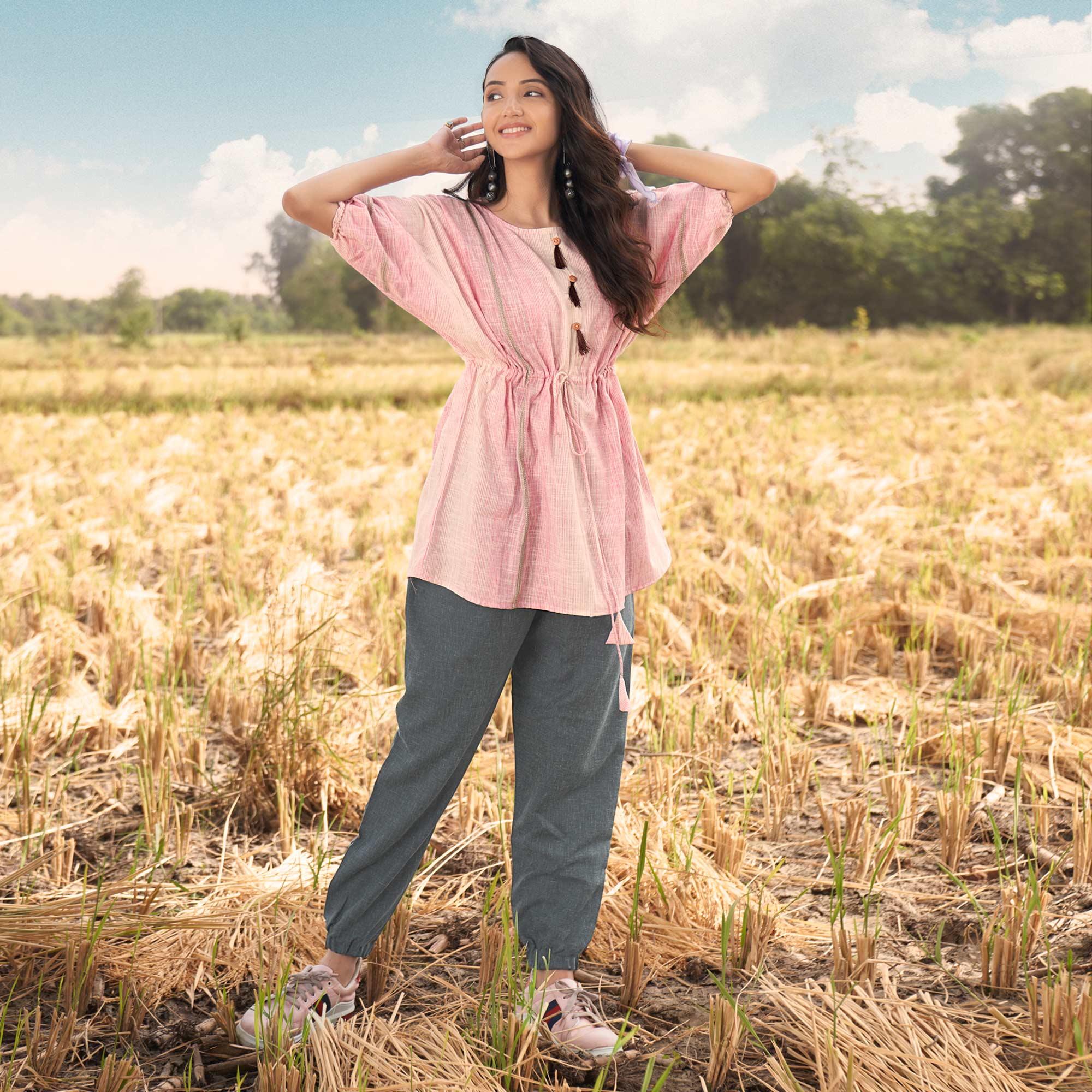 Pink Solid Poly Cotton Top Bottom Set - Peachmode