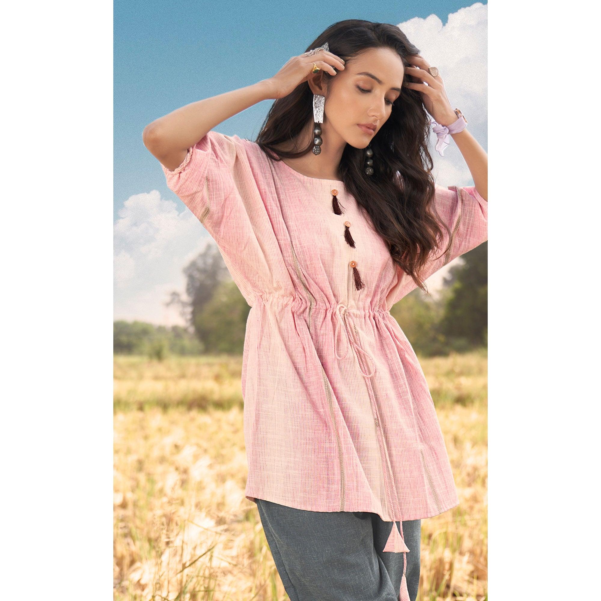 Pink Solid Poly Cotton Top Bottom Set - Peachmode