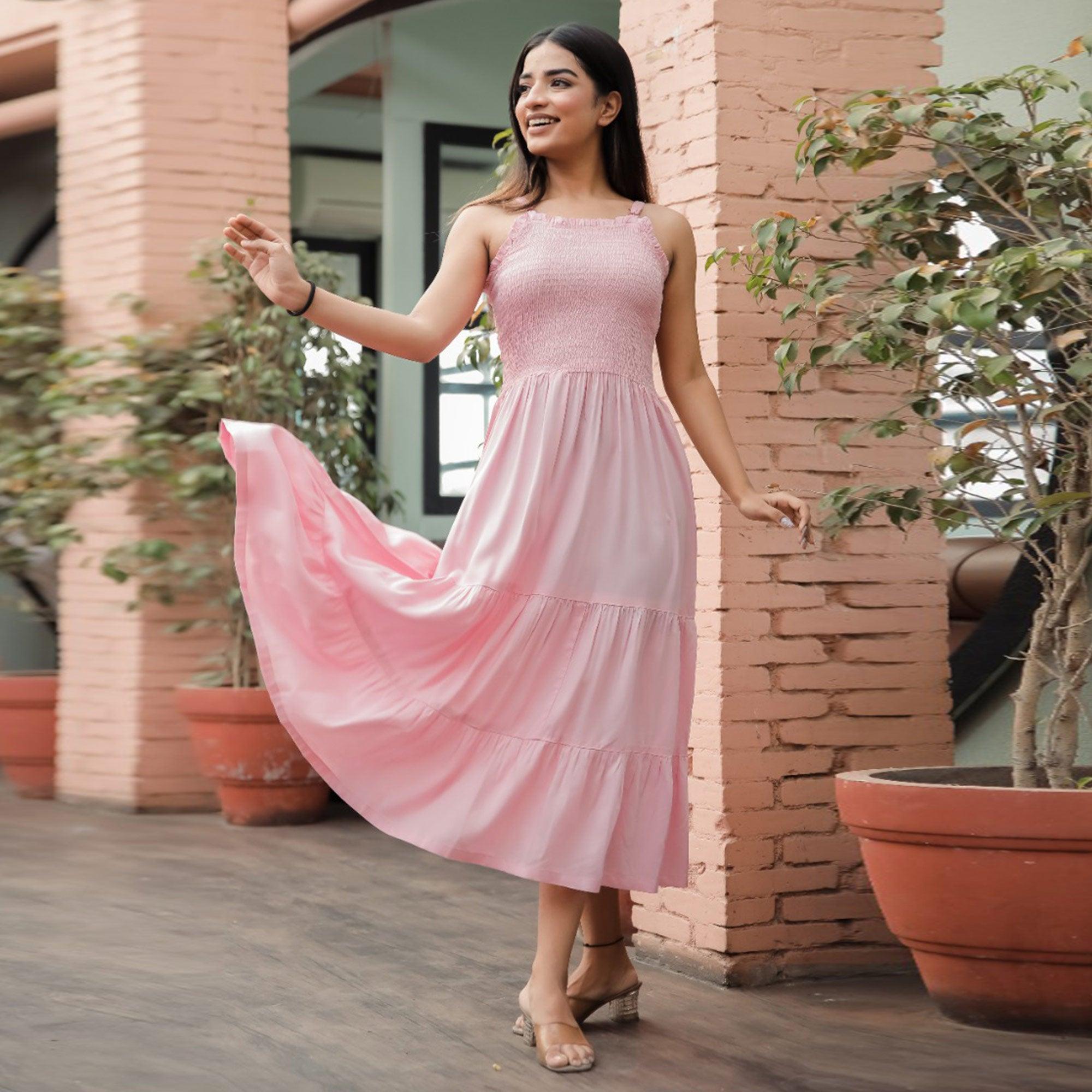 Pink Solid Rayon Dress - Peachmode