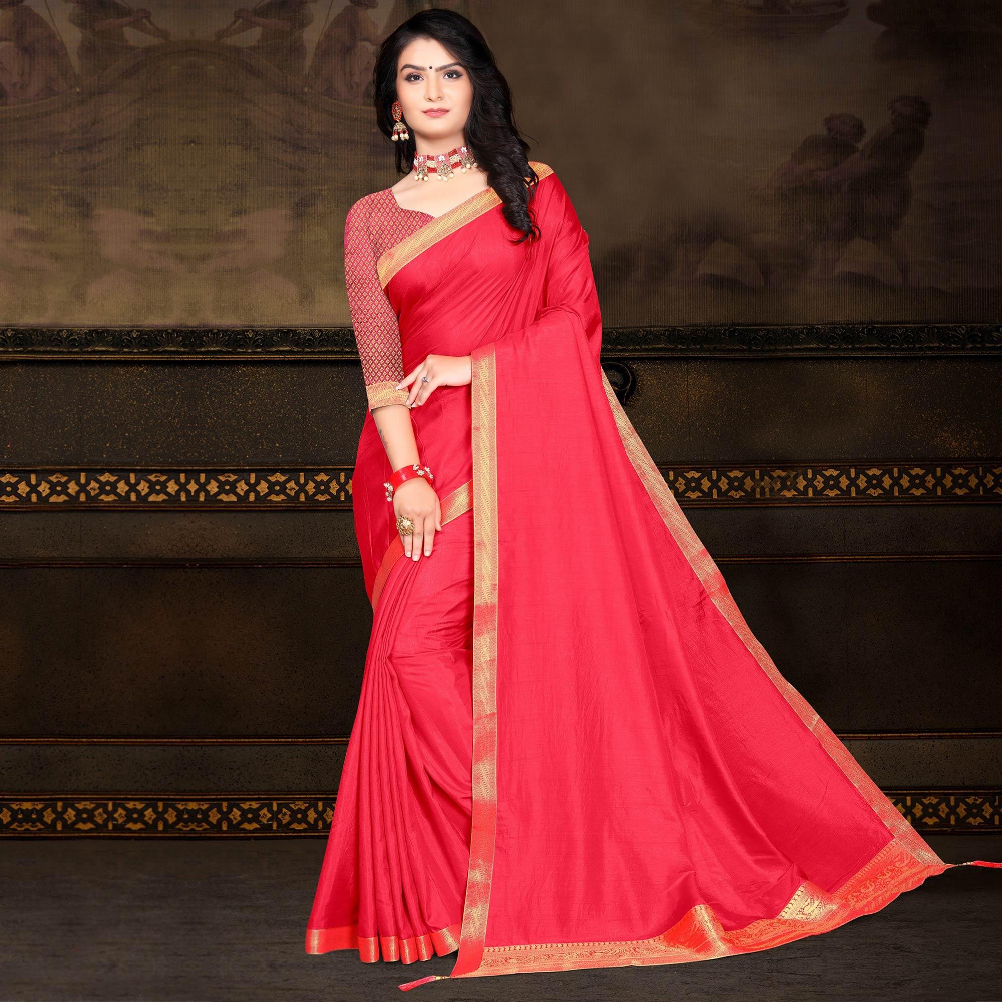 Pink Solid Vichitra Silk Saree - Peachmode