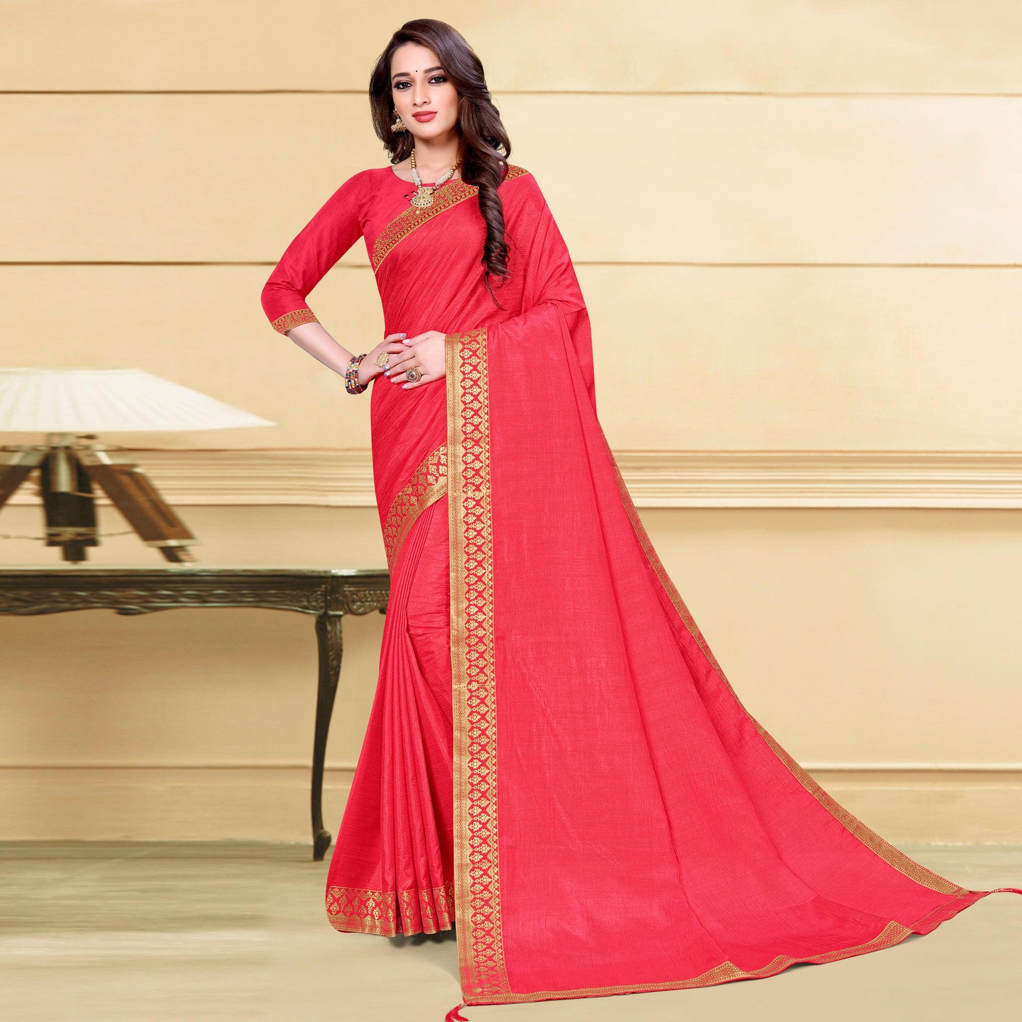 Pink Solid Vichitra Silk Saree - Peachmode