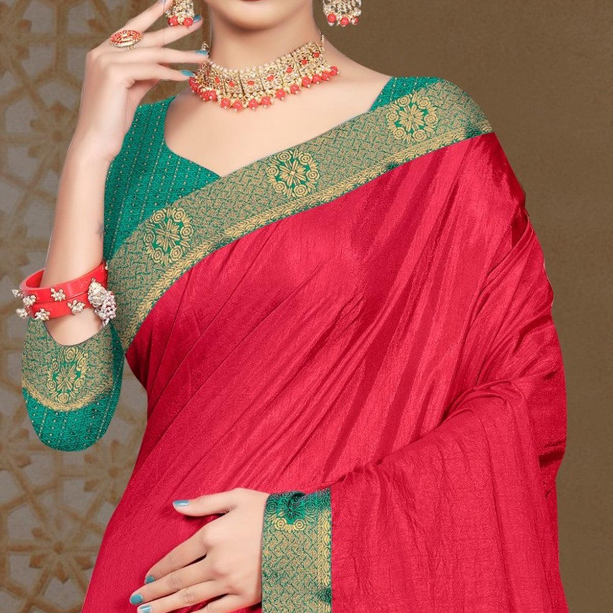Pink Solid Vichitra Silk Saree - Peachmode