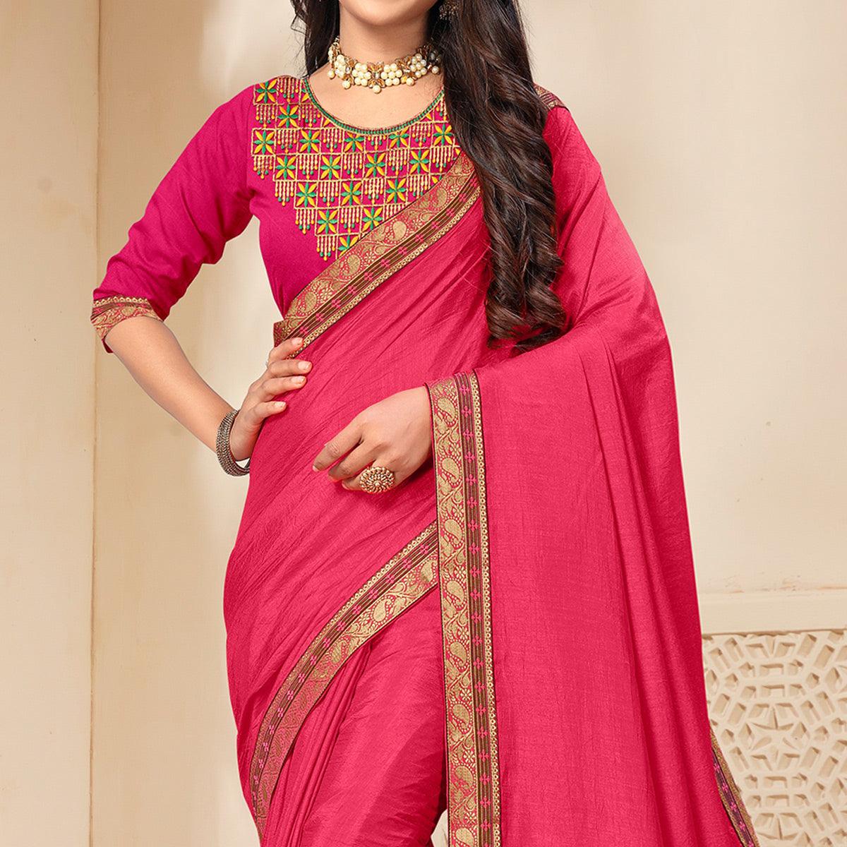 Pink Solid Vichitra Silk Saree - Peachmode