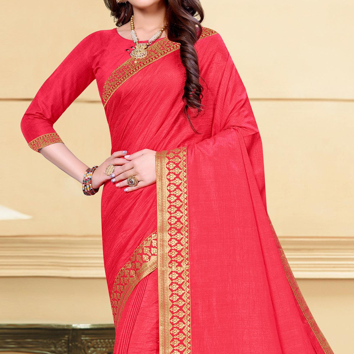 Pink Solid Vichitra Silk Saree - Peachmode