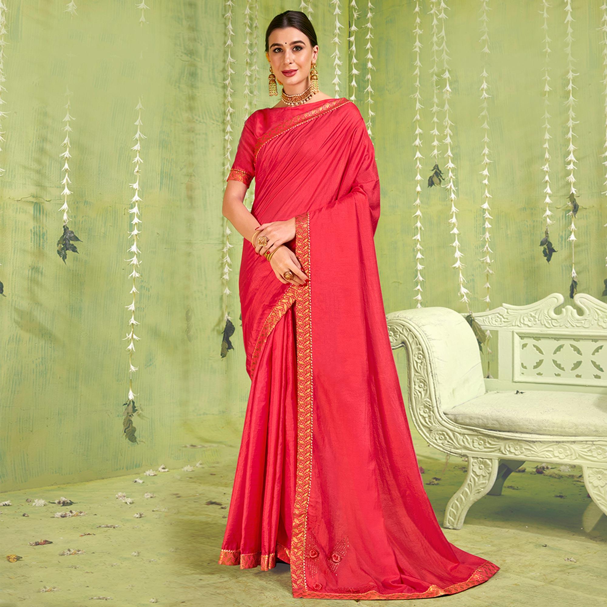 Pink Solid With Fancy Border Vichitra Silk Saree - Peachmode