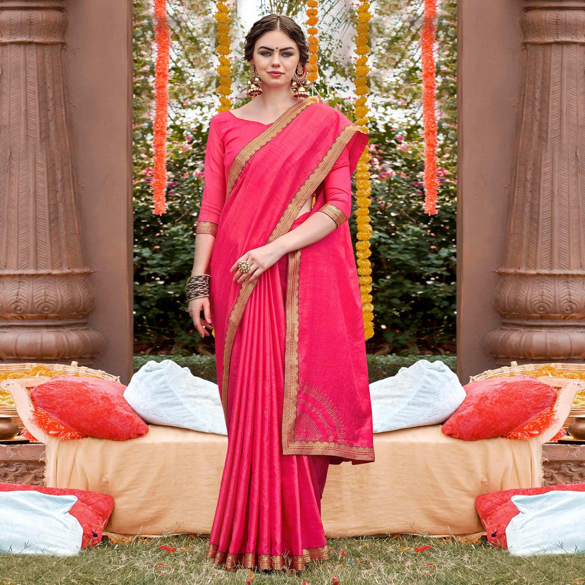 Pink Solid With Fancy Border Vichitra Silk Saree - Peachmode