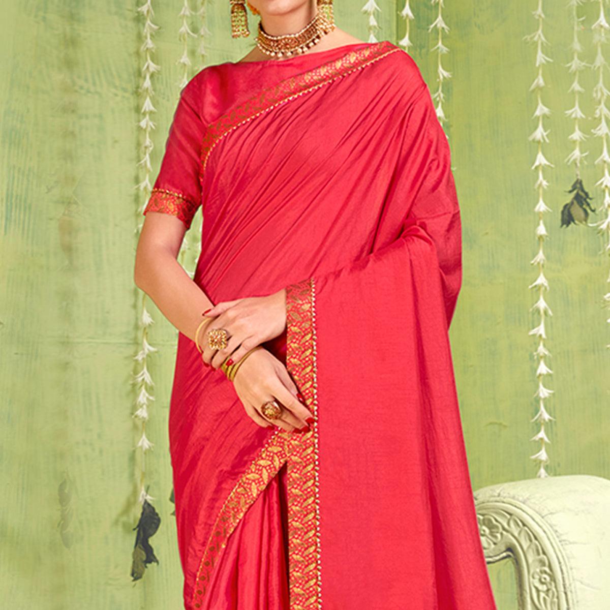 Pink Solid With Fancy Border Vichitra Silk Saree - Peachmode