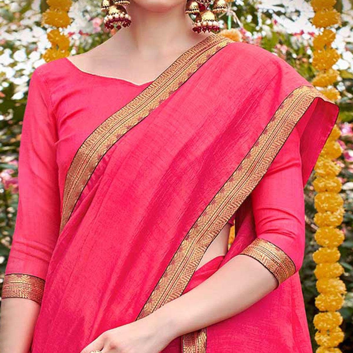 Pink Solid With Fancy Border Vichitra Silk Saree - Peachmode