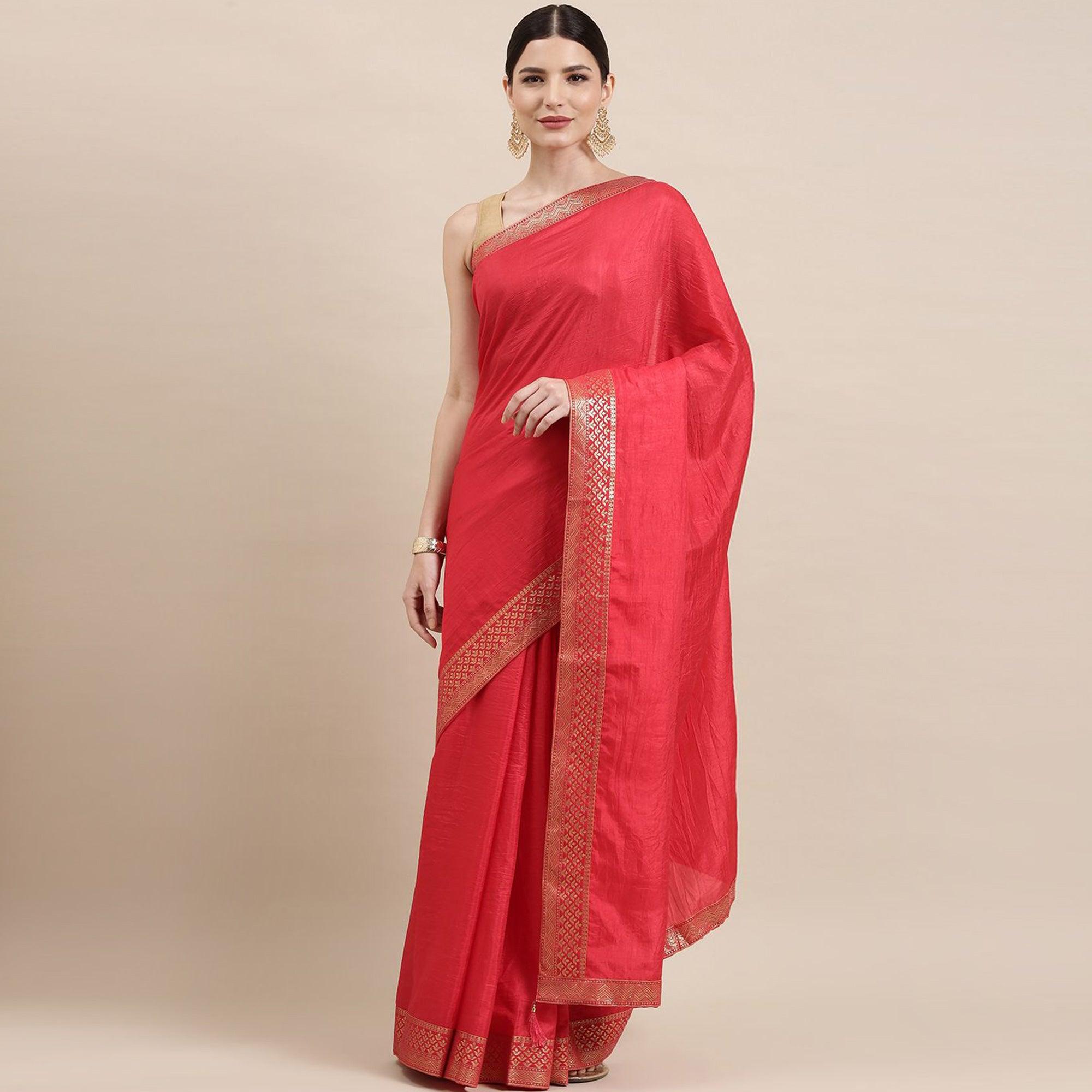 Pink Solid With Woven Border Vichitra Silk Saree - Peachmode