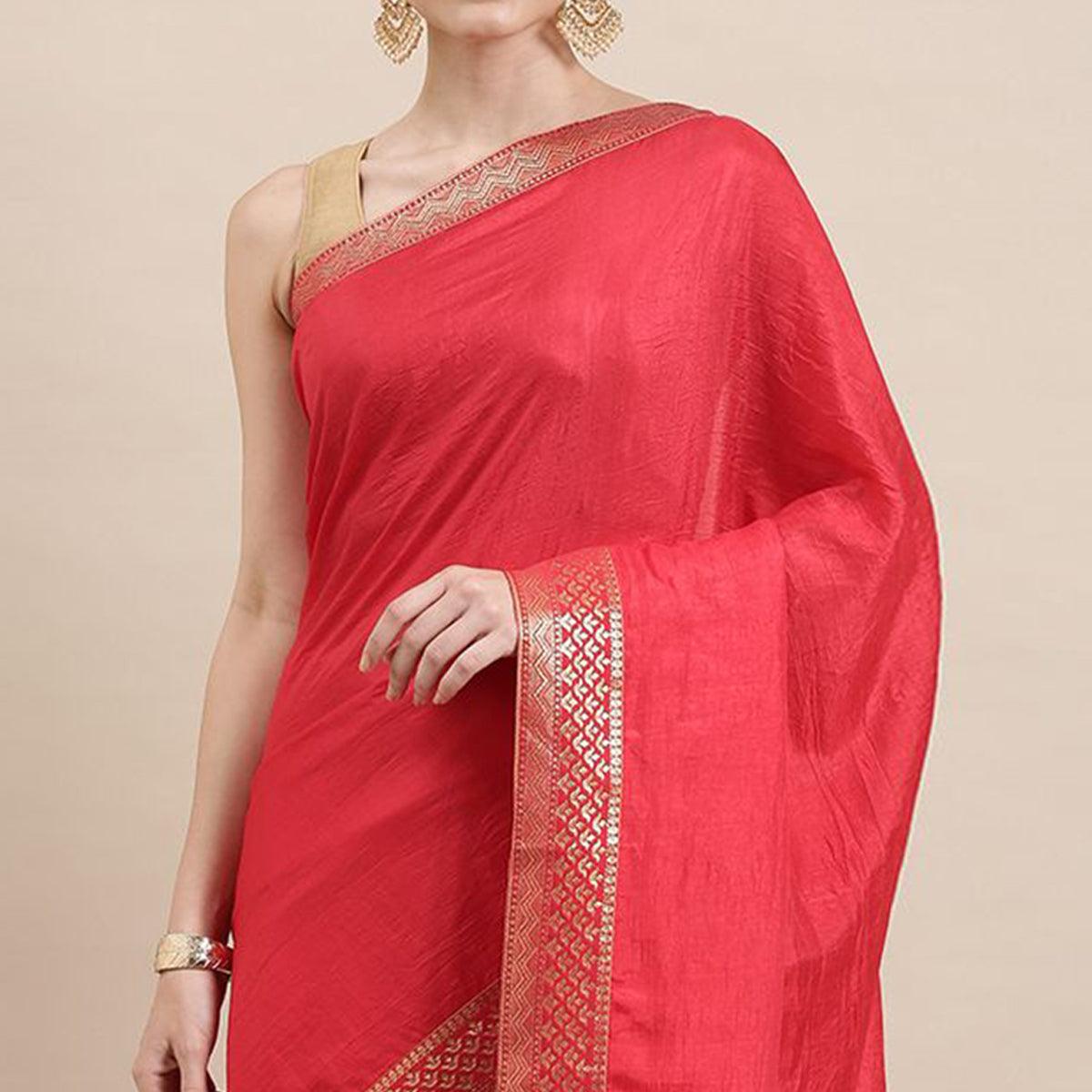 Pink Solid With Woven Border Vichitra Silk Saree - Peachmode