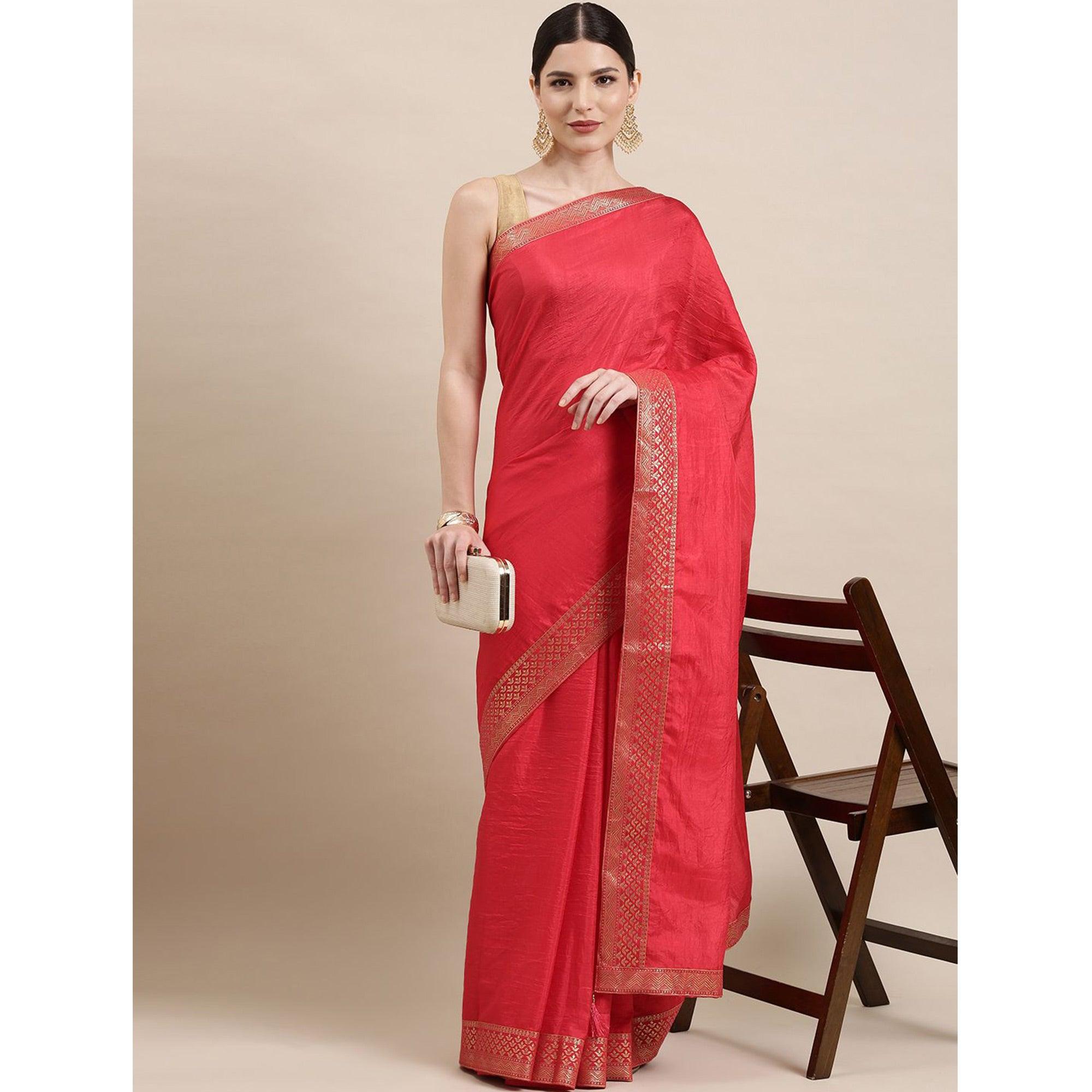 Pink Solid With Woven Border Vichitra Silk Saree - Peachmode