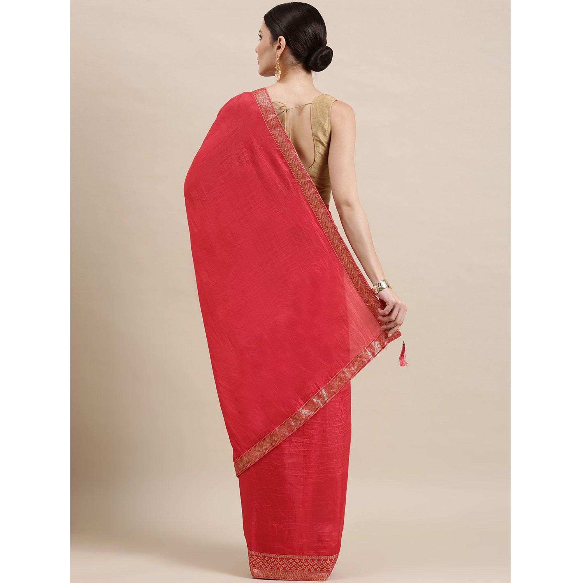 Pink Solid With Woven Border Vichitra Silk Saree - Peachmode