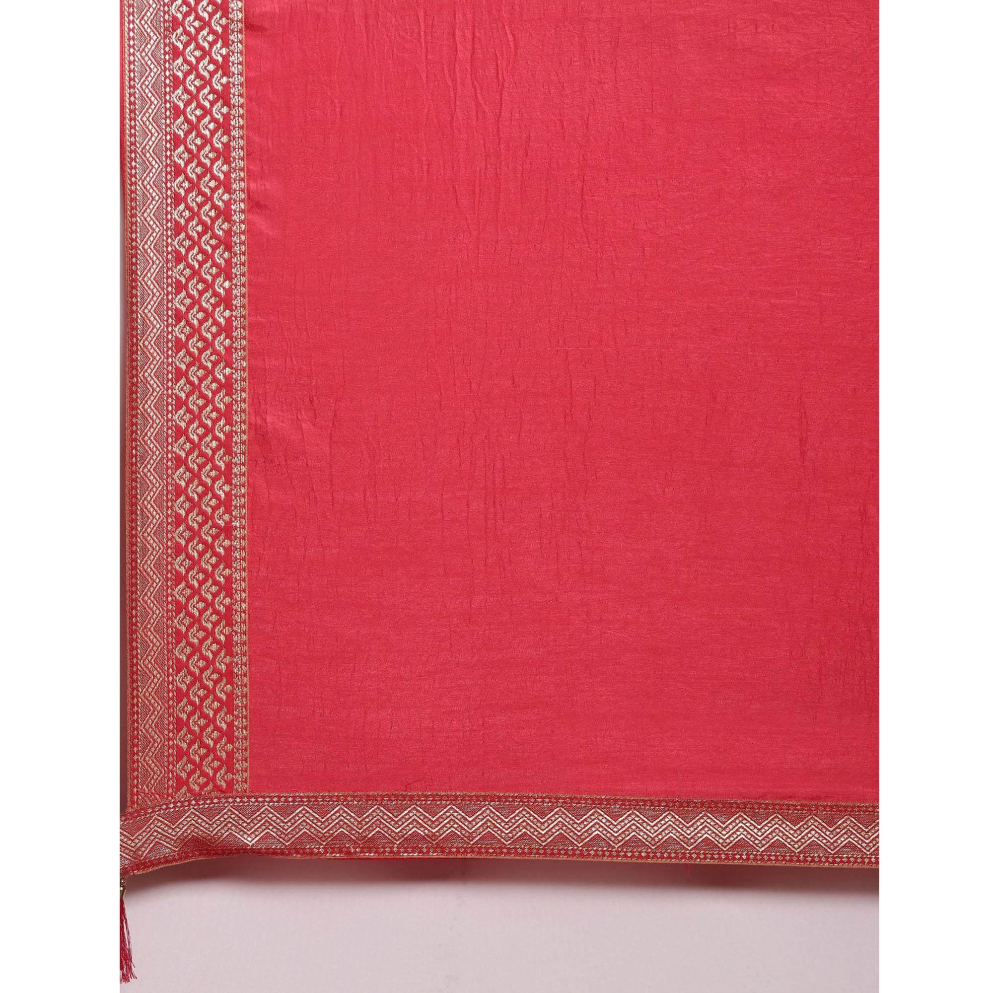 Pink Solid With Woven Border Vichitra Silk Saree - Peachmode