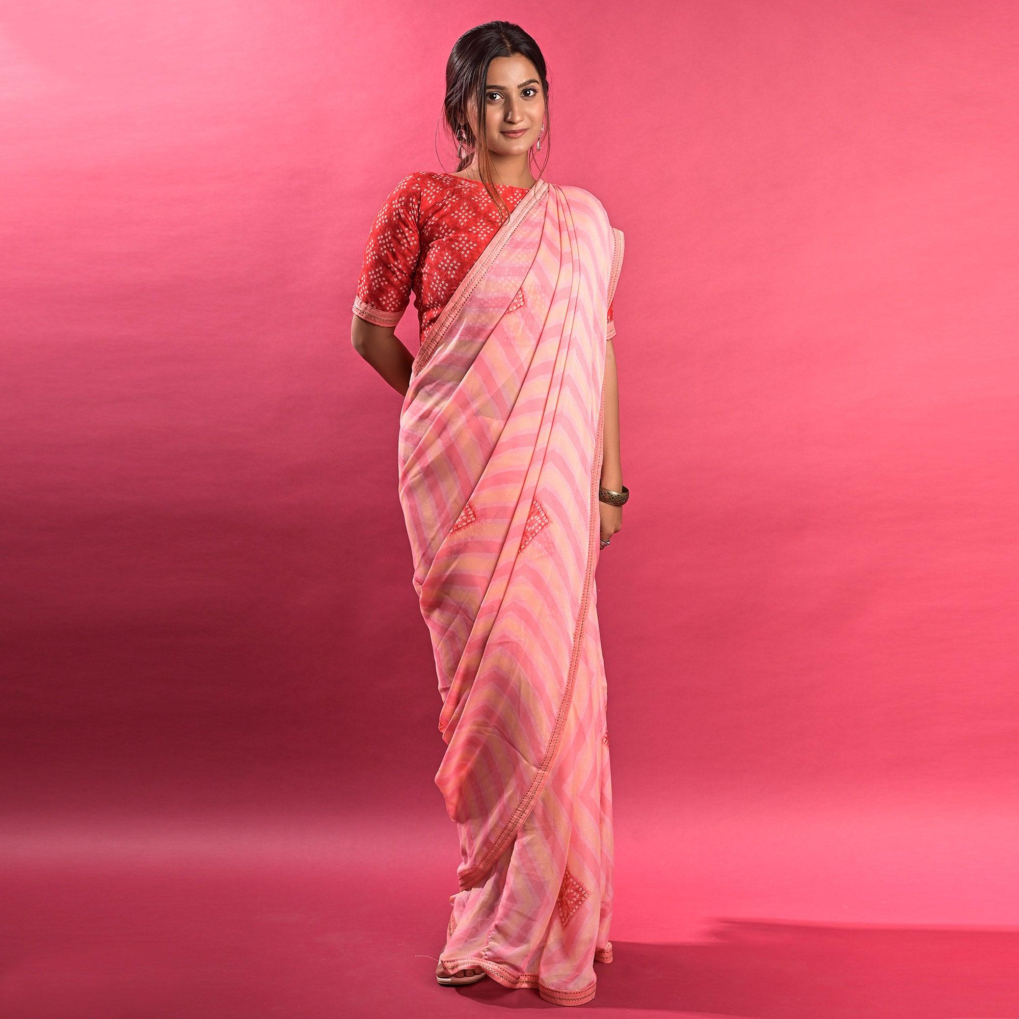 Pink Stripe Printed Chiffon Saree - Peachmode