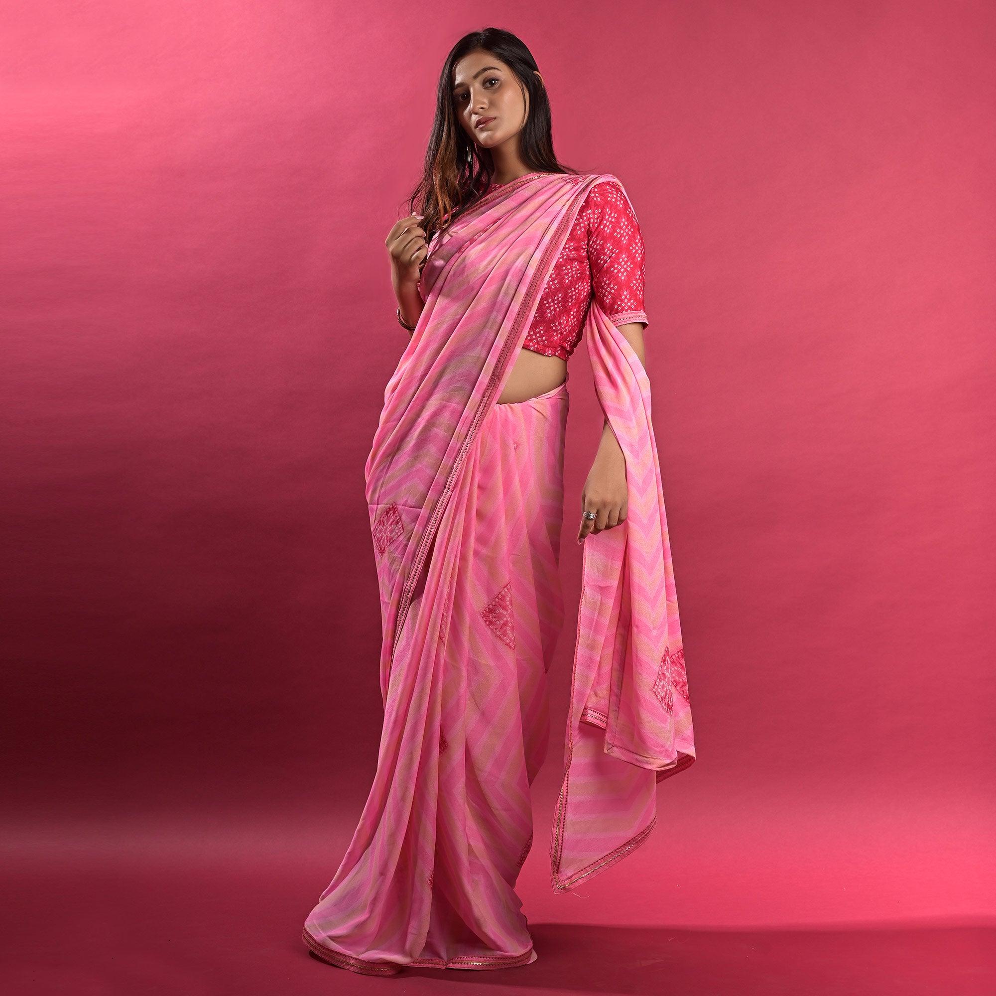 Pink Stripe Printed Chiffon Saree - Peachmode