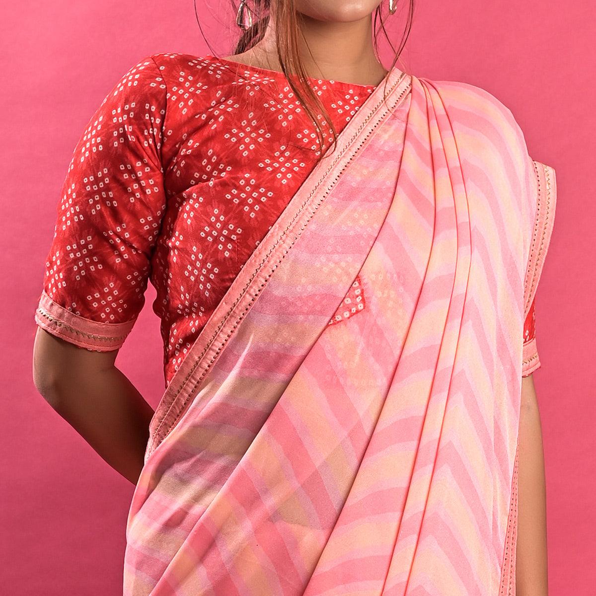 Pink Stripe Printed Chiffon Saree - Peachmode