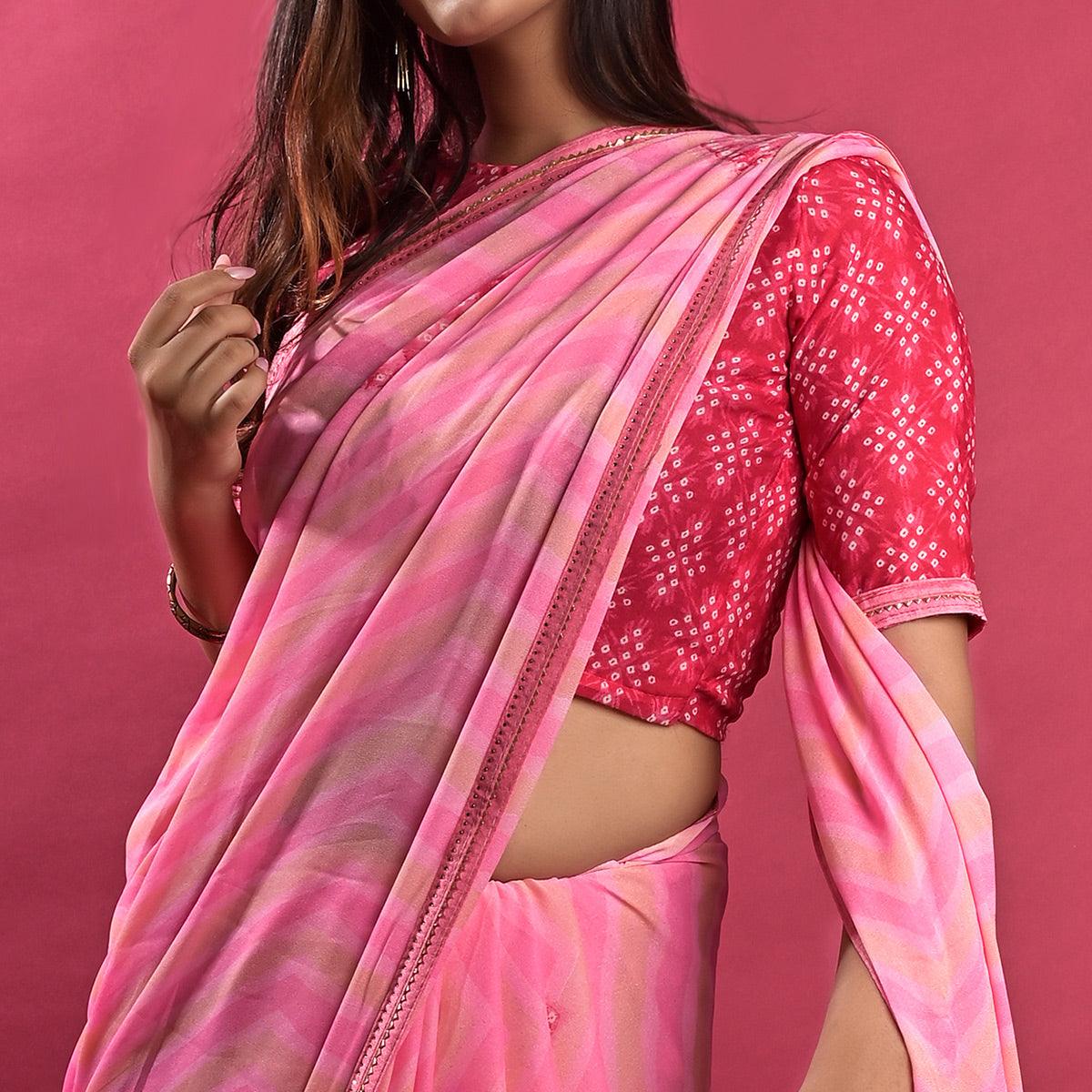 Pink Stripe Printed Chiffon Saree - Peachmode