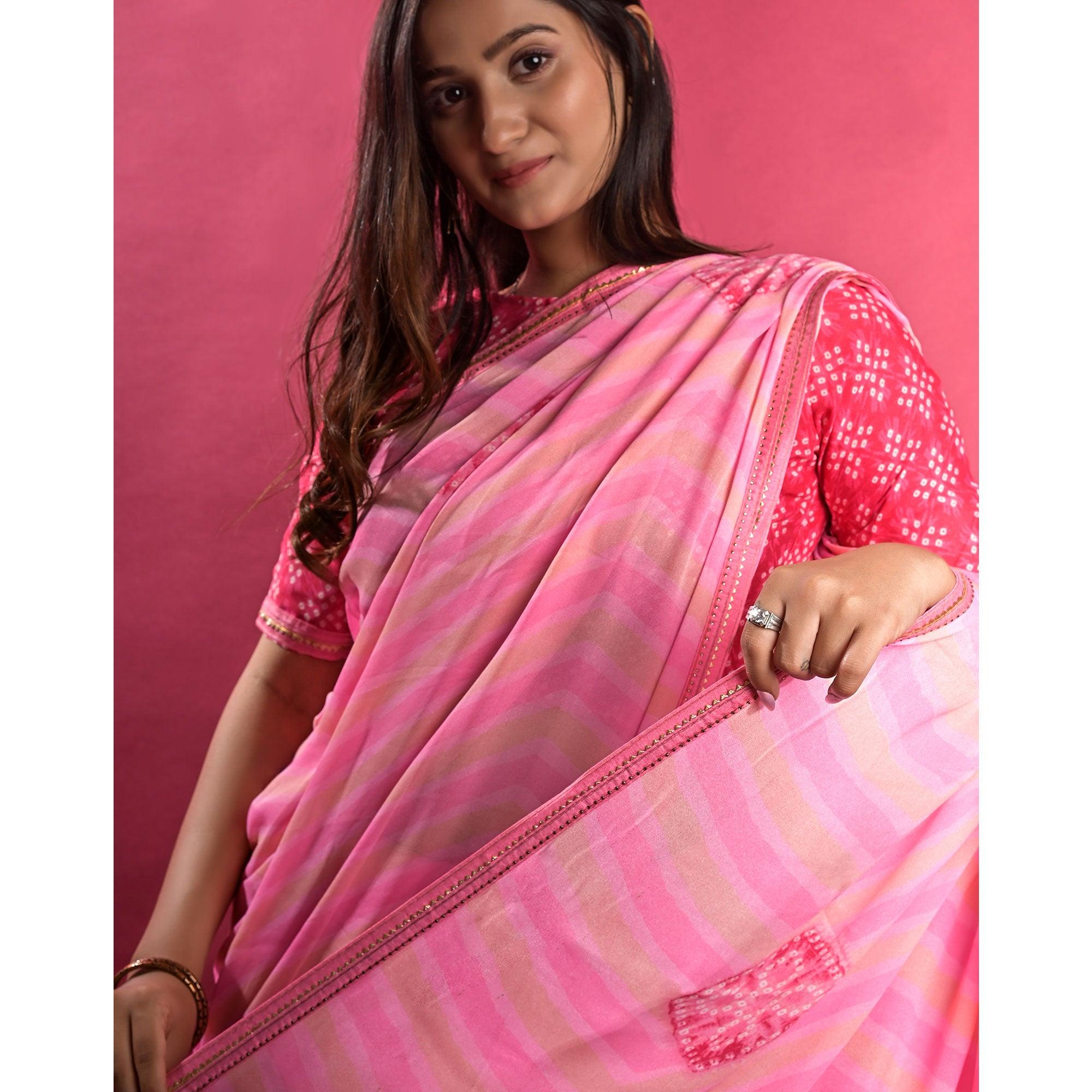 Pink Stripe Printed Chiffon Saree - Peachmode