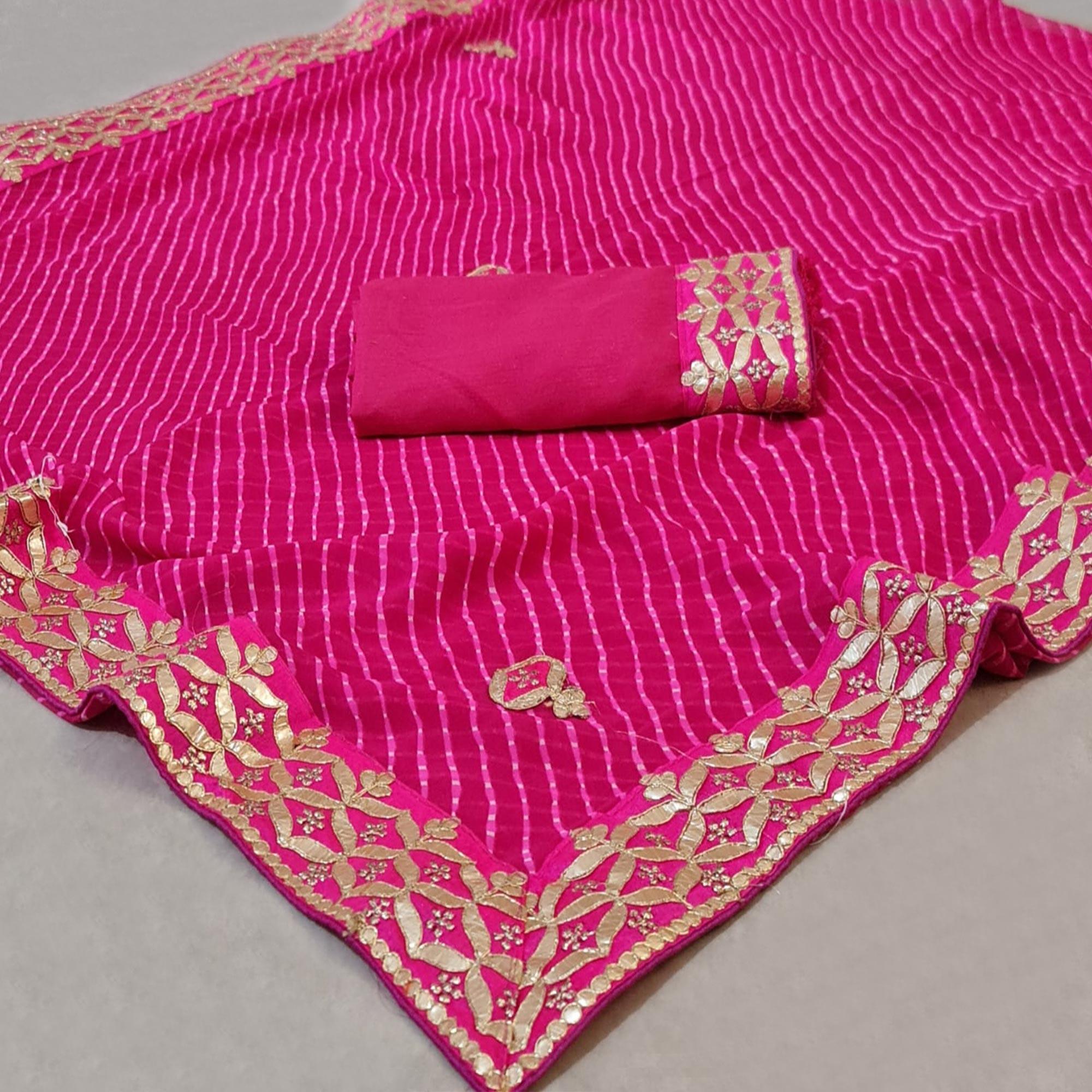 Pink Stripe Printed Georgette Saree - Peachmode