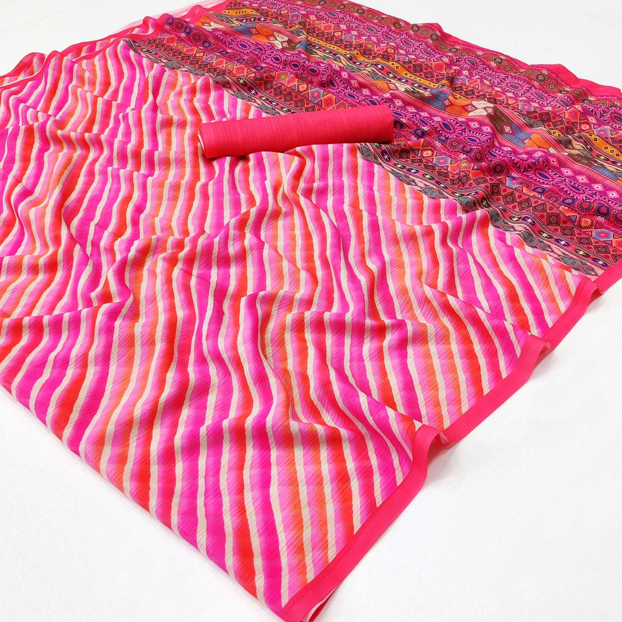 Pink Stripe Printed Georgette Saree - Peachmode
