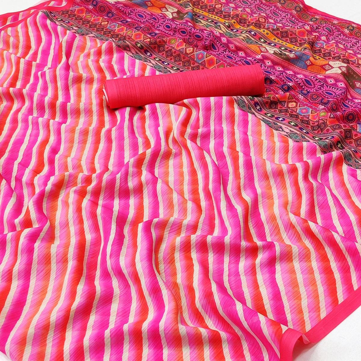 Pink Stripe Printed Georgette Saree - Peachmode