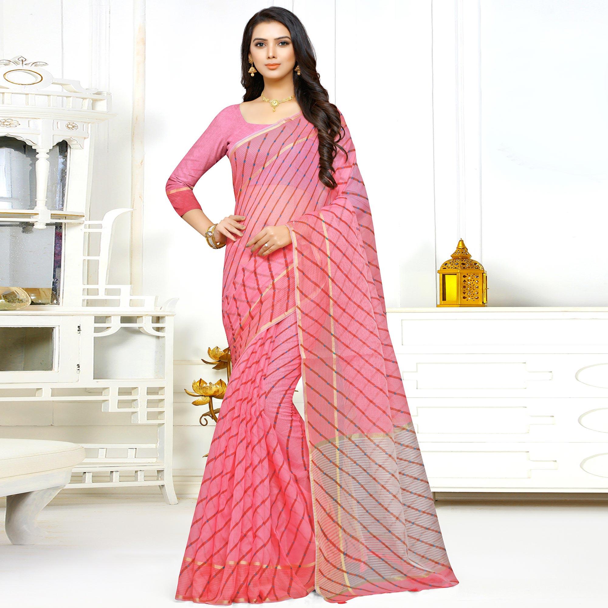 Pink Stripe Printed Kota Doria Saree With Tassels - Peachmode