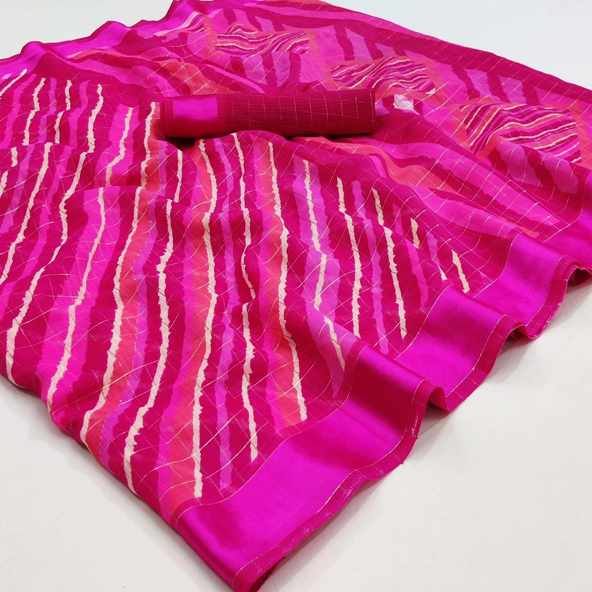 Pink Stripe Printed Linen Saree - Peachmode