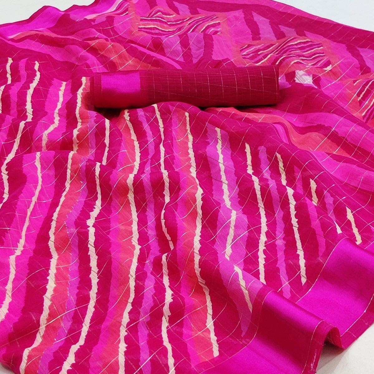 Pink Stripe Printed Linen Saree - Peachmode