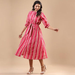 Pink Stripe Printed Pure Cotton Dress - Peachmode