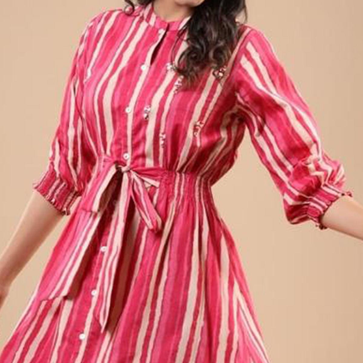Pink Stripe Printed Pure Cotton Dress - Peachmode