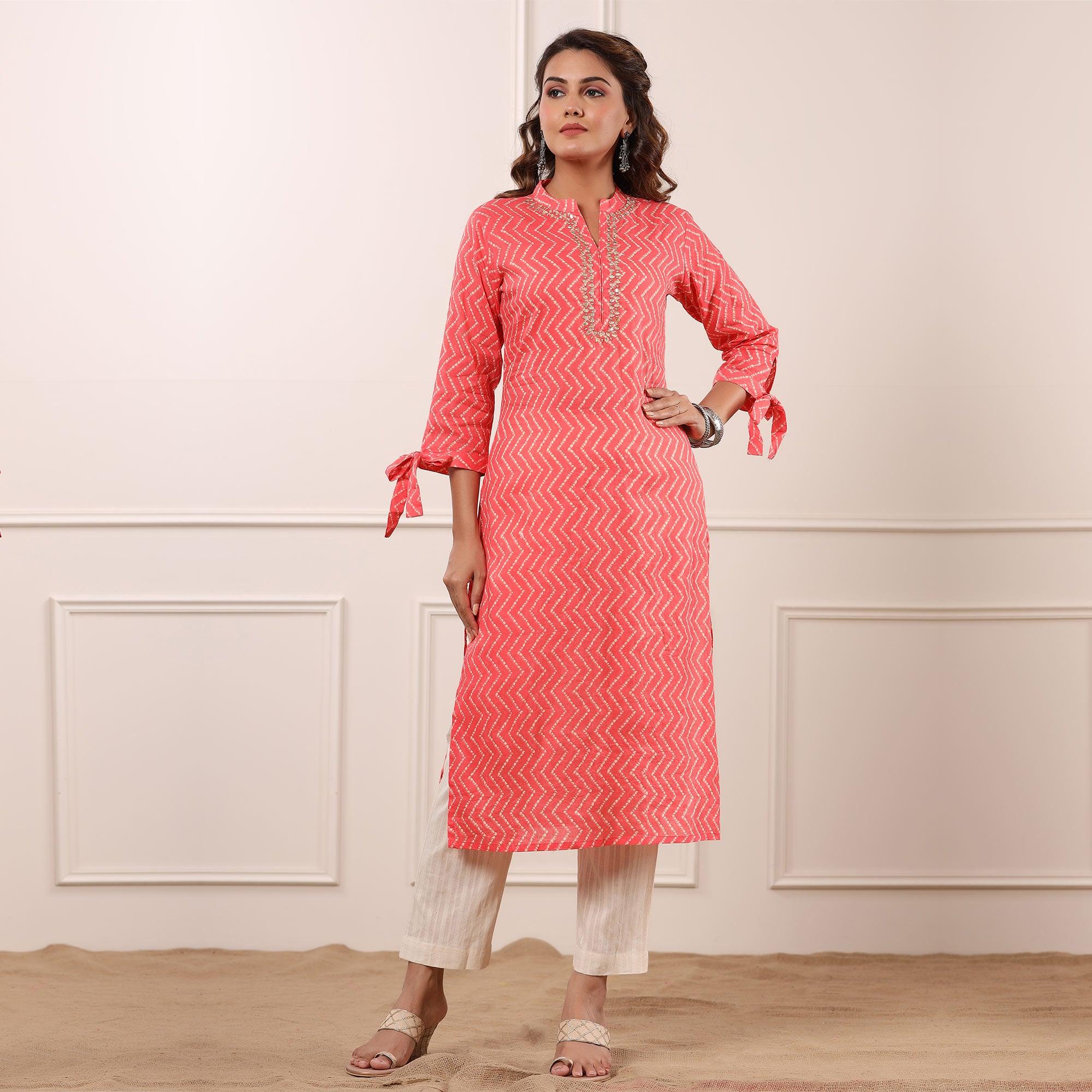 Pink Stripe Printed Pure Cotton Kurti Pant Set - Peachmode