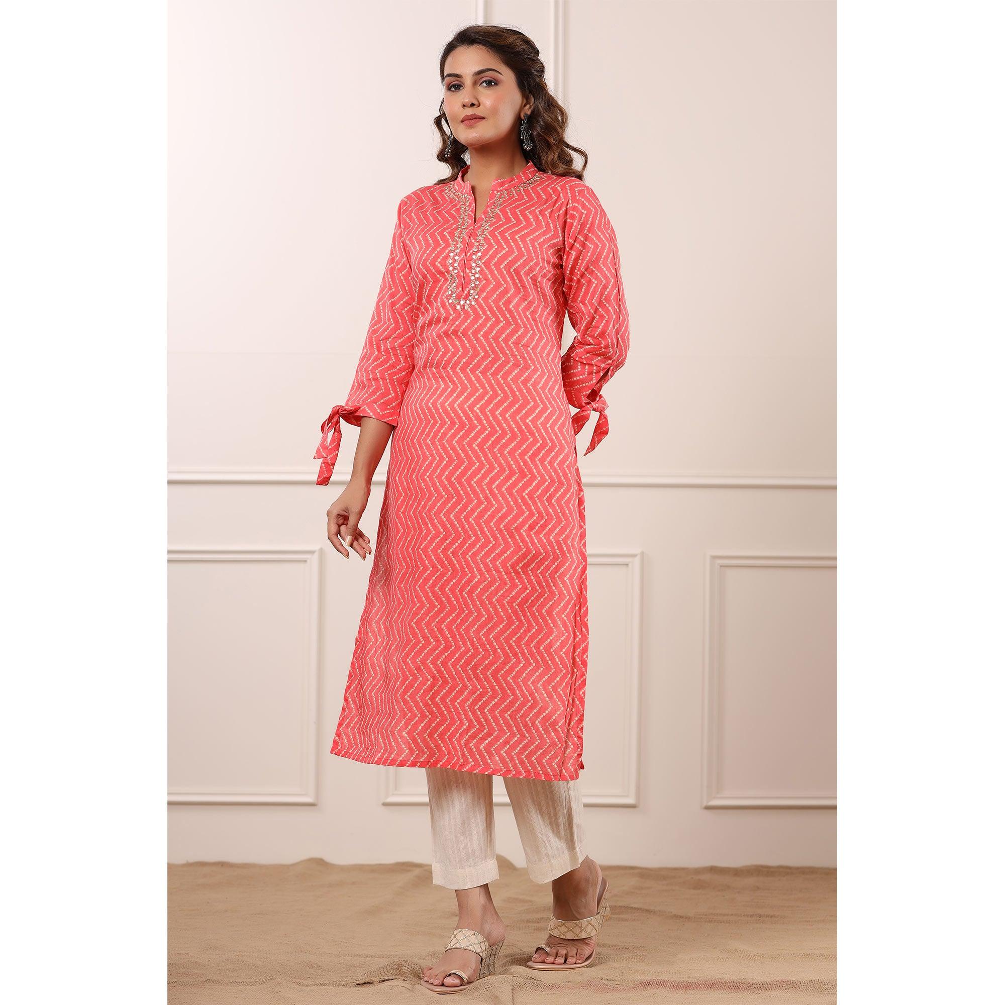 Pink Stripe Printed Pure Cotton Kurti Pant Set - Peachmode