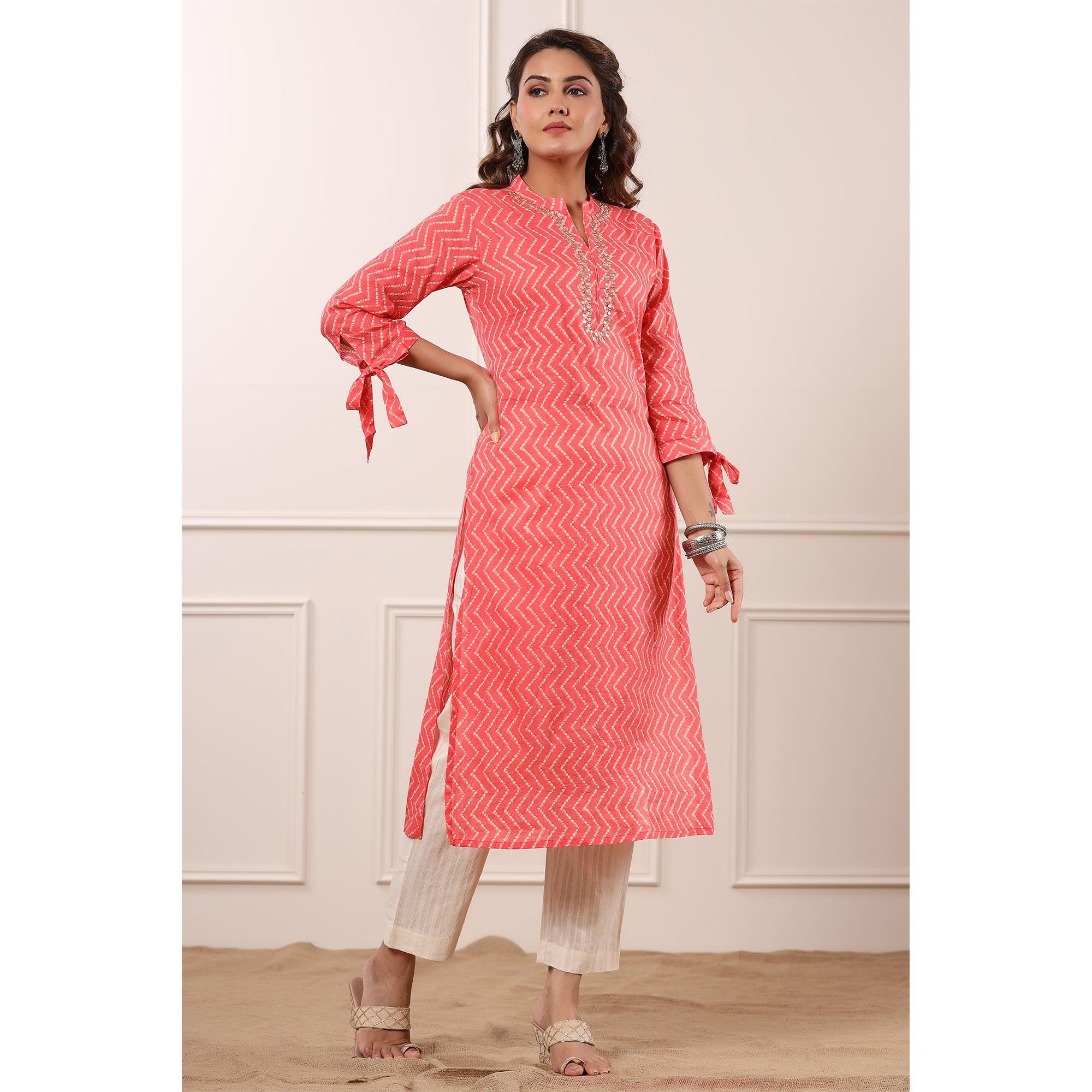 Pink Stripe Printed Pure Cotton Kurti Pant Set - Peachmode