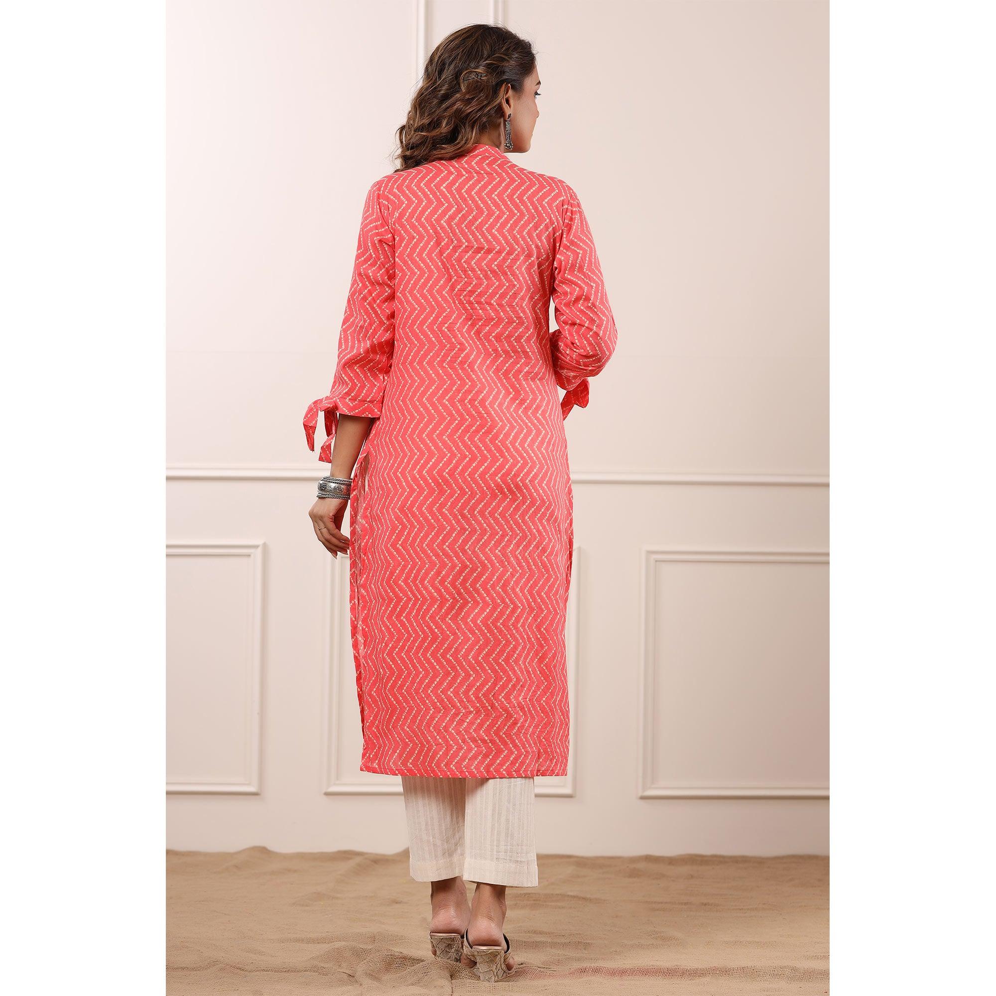 Pink Stripe Printed Pure Cotton Kurti Pant Set - Peachmode